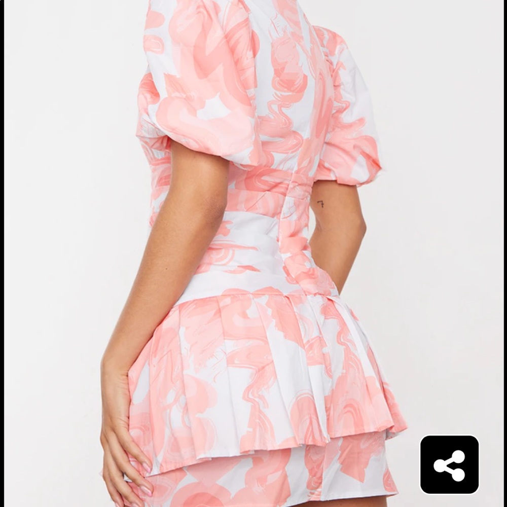 Pink Print Pleated Waist Puff Sleeve Skater Dress - Picture 5 of 6